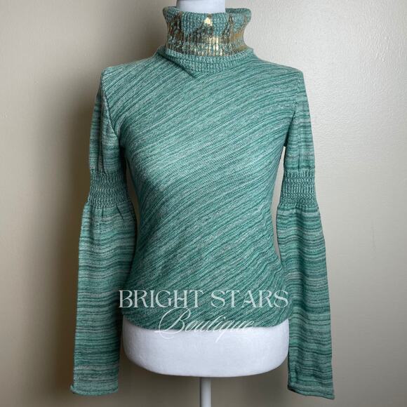 Rare Green Sweater Long Sleeve Gold Foiled Turtleneck ALT ASO Monica Lorelai - Picture 5 of 10